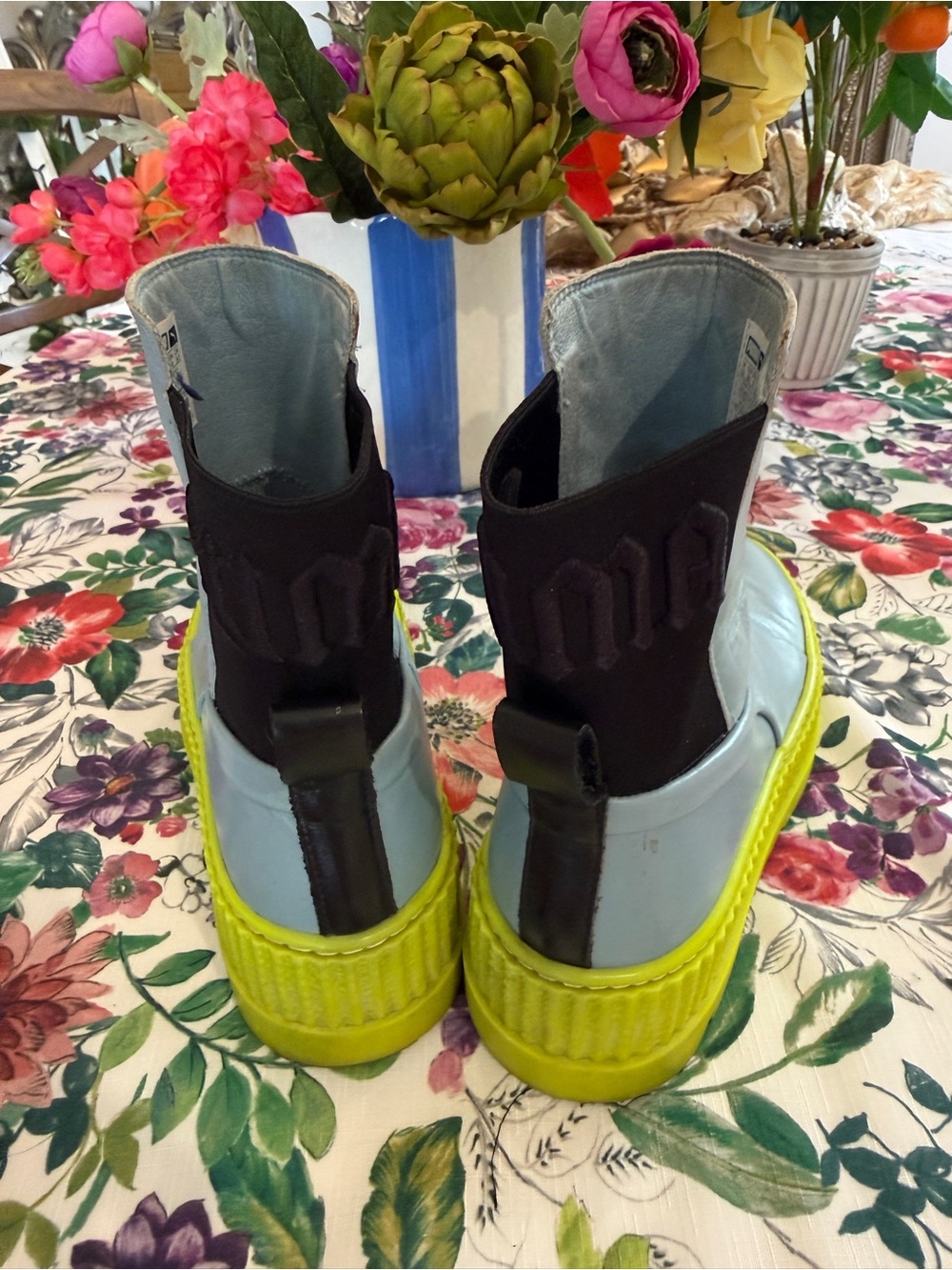 PUMA Light Blue Leather Platform Chelsea Boots with Neon Yellow Sole - Picture 5 of 5